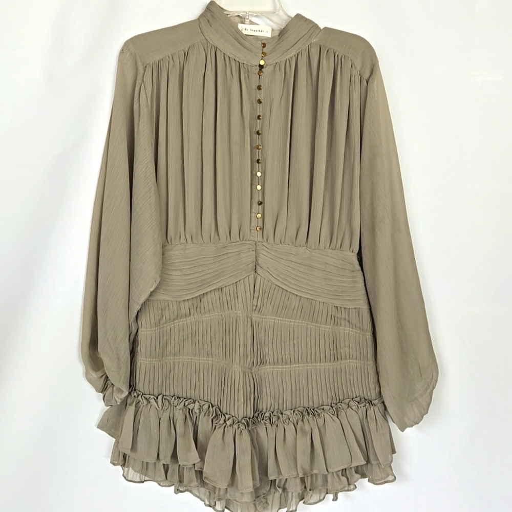 By Together Taupe Pleated Long-Sleeve Mini Dress with Ruffle Hem